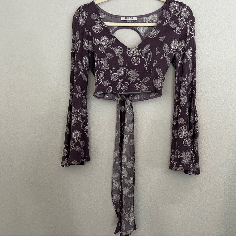 Solemio LA Floral Bell Sleeve 3 Way Tie Crop Top Open Back Sz L Boho Festival